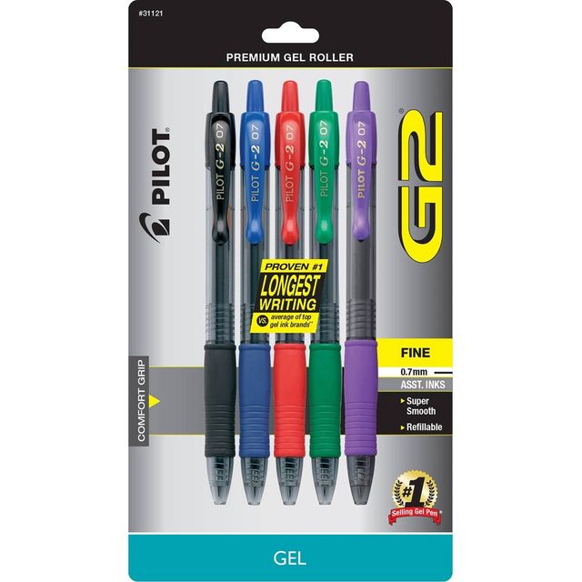 Pilot 5ct G2 Premium Retractable Gel Pens Fine Point 0.7mm Assorted Inks: Colored Pens, Rubber Grip, Stationery, Office