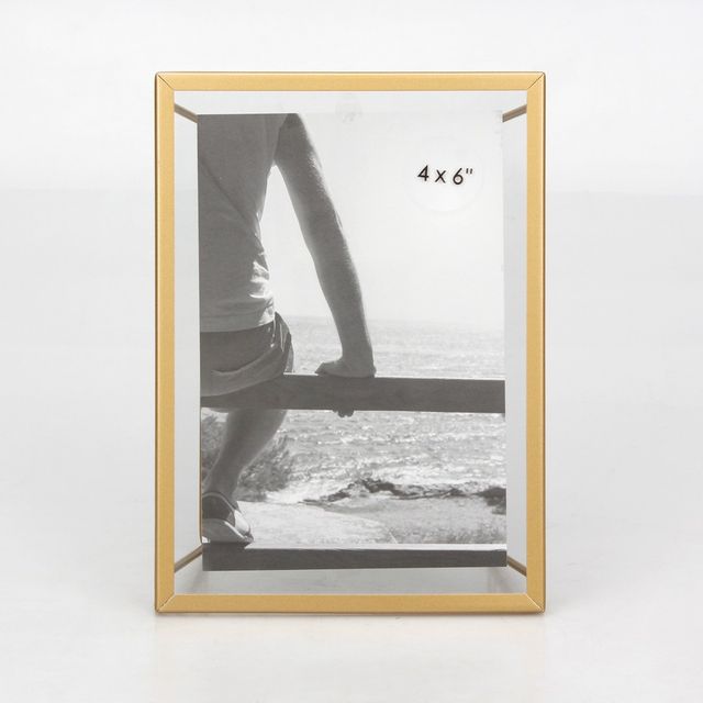 4 x 6 Frame with Symmetrical Wire Back Brass - Threshold: Modern Metal Tabletop Display, Easel Stand, Glass Glazing