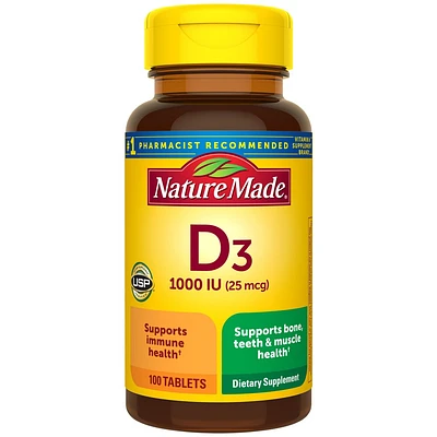 Nature Made Vitamin D3 1000 IU (25 mcg), Bone Health and Immune Support Tablets - 100ct