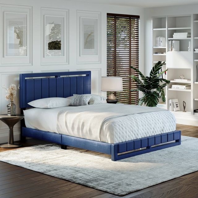 King Sloan Vertical Stitched Upholstered Platform Bed Blue Faux Leather - Eco Dream