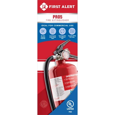 First Alert PRO5 Fire Extinguisher: Heavy Duty, Steel, 10-B:C UL Rating, 195 PSI, 6 ft Range, 9.6 lbs, 16.2 Height