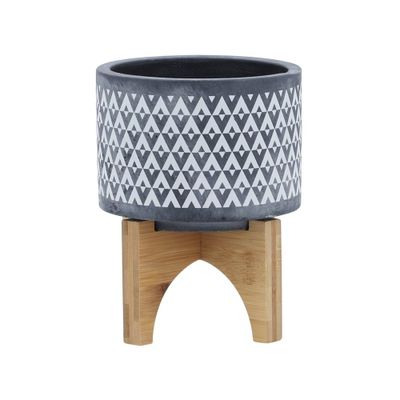 Sagebrook Home  Wide With Wooden Stand Aztec Ceramic Planter Pots Gray