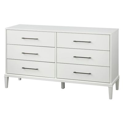 Sussex 6 Drawer Dresser White - Lifestorey: Solid Rubberwood Legs, MDF, Modern Farmhouse Style