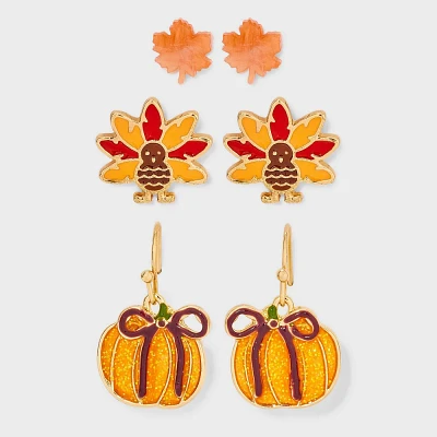 Pumpkin Turkey and Leaf Stud Earring Set 3pc - Orange/Red