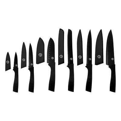 MasterChef 12pc Knife Set with Covers Sharp Nonstick Coated Knives Elite Black Collection: Stainless Steel Blades, Rubber Handles, Hand Wash