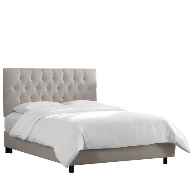 Skyline Furniture Queen Edwardian Tufted Upholstered Bed: Feather Gray Linen, Diamond-Tufting, Pine Frame