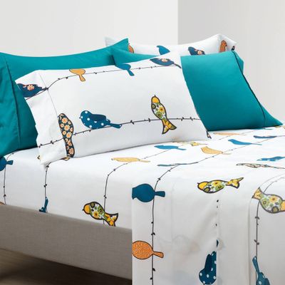 King 6pc Rowley Birds Patterned Sheet Set Yellow/Blue - Lush Dcor: Microfiber, 225 Thread Count, Machine Washable