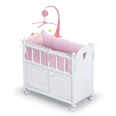 Badger Basket Cabinet Doll Crib with Gingham Bedding and Free Personalization Kit - White/Pink