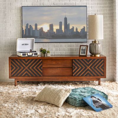 Lifestorey Mason TV Stand for TVs up to 75 Dark Brown: Modern Media Console with Geometric Cabinet Door