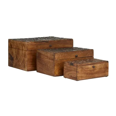 Olivia & May Set of 3 Rustic Carved Mango Wood Boxes : Handmade Keepsake Storage