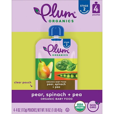 Plum Organics Baby Food Stage 2 - Pear Spinach Pea - 4oz