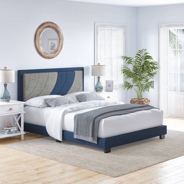 Full Becca Two-Toned Upholstered Platform Bed Blue/Gray Linen - Eco Dream