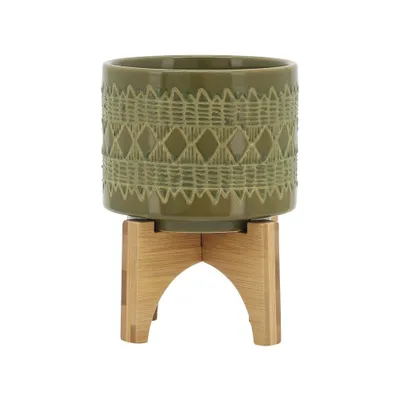 Sagebrook Home 6x5 Geometric Ceramic Planter Pot on Wooden Stand Olive: Indoor Aztec Design, No Drainage Hole