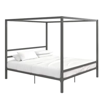 Room & Joy King Briella Metal Canopy Bed Gray : Luxury Glam Style, Powder-Coated Finish, No Box Spring Needed