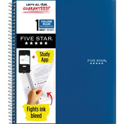 Five Star 1 Subject 100pg College Ruled Spiral Notebook (Colors May Vary): School Supplies, Perforated, 3 Hole Punched