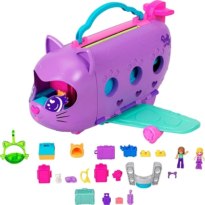 Polly Pocket Kitty Airways Playset with 2 Micro Dolls and Pet, Airplane Travel Toy with Accessories