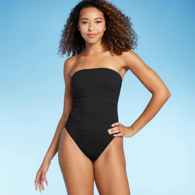 Women Shirred Ribbed Bandeau Cheeky One Piece Swimuit