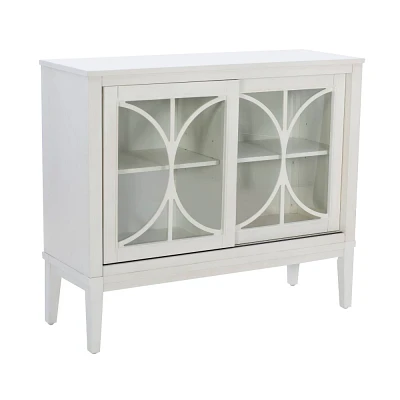 Powell Larch Solid Wood Cabinet: Tempered Glass, Decorative Fretwork, Dual USB Ports, Acacia Veneer