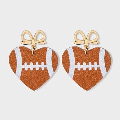 Heart Football Bow Post Drop Earrings - Brown/Gold