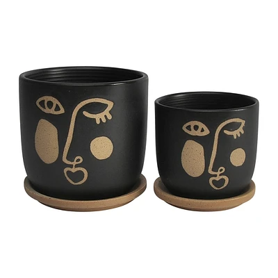 Sagebrook Home 2pc Funky Face Ceramic Indoor Outdoor Planter Pots with Saucers Black