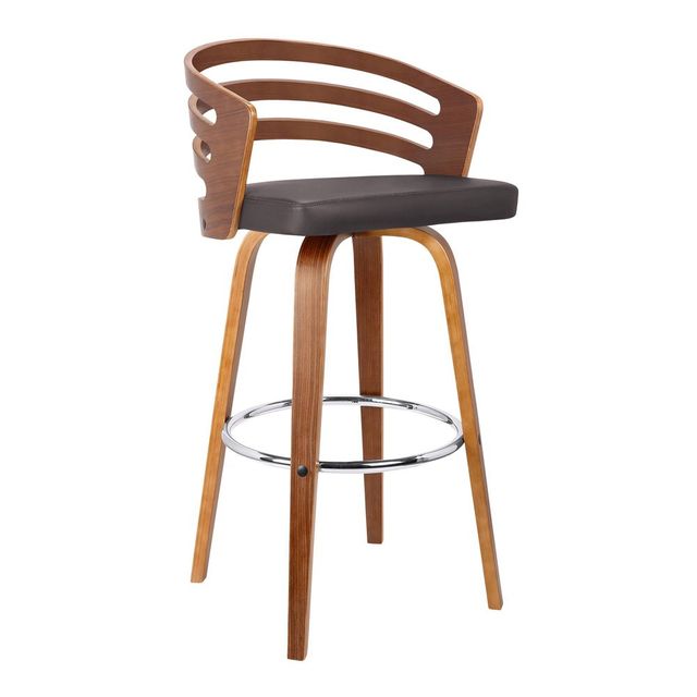 30 Benj Mid-Century Swivel Height Barstool Brown - Armen Living: Walnut Frame, Faux Leather