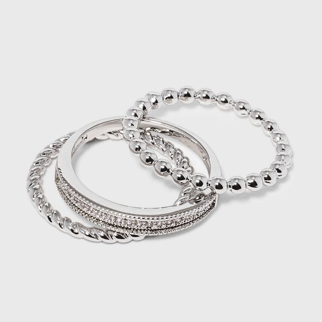 Women Cubic Zirconia Band-Small Rope Band and Med Bead Band Silver Plated Stack Ring Set