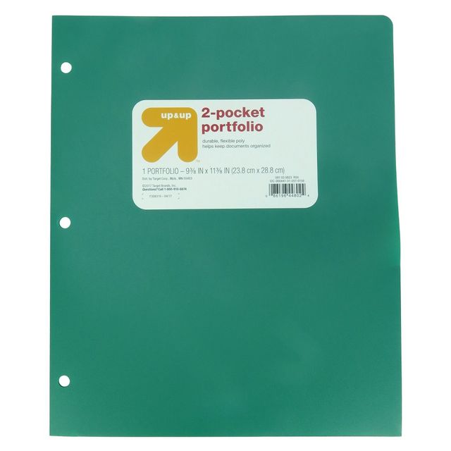 2 Pocket Plastic Folder Green - up&up: Polypropylene, 3 Hole Punched, 50 Sheet Capacity, Internal Pockets