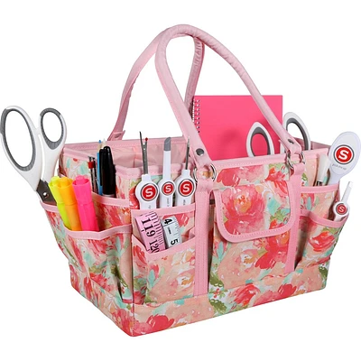 Singer Water Color Floral Print Storage Tote: Sewing Bag with Polyester Material & Carrying Case