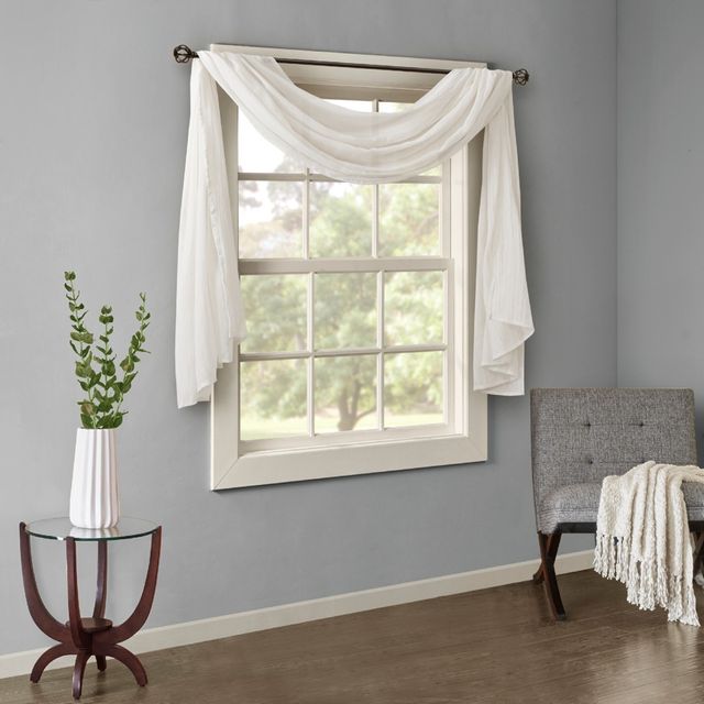 144x42 Avery Solid Crushed Scarf Sheer White: Madison Park Window Scarf, Modern Sheer Curtain Panel