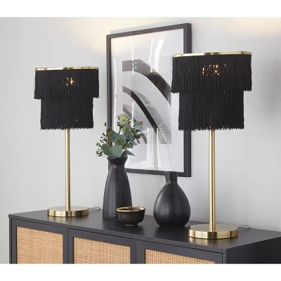 LumiSource: Fringe 25 Gold Metal Buffet Lamps with Black Faux Silk Shade, Set of 2