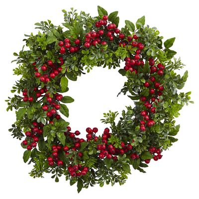 Nearly Natural Berry Boxwood Wreath 24: Faux Polyester & Plastic, Indoor Wall Decor, Unlit Winter Theme