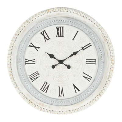 22x22 Wood Carved Beading Wall Clock White - Olivia & May: Silent, Farmhouse Style, Roman Numerals