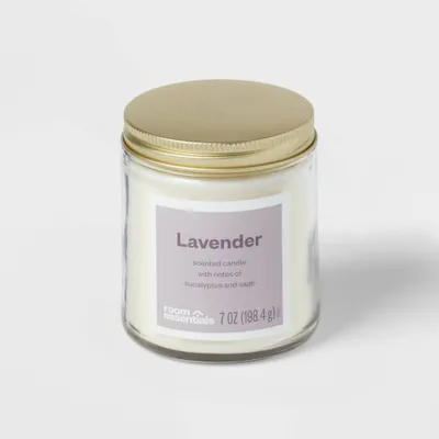 7oz Glass Jar Lavender Candle with Lid - Room Essentials: Sage & Eucalyptus Scent, 25hr Burn Time, Paraffin & Palm Wax