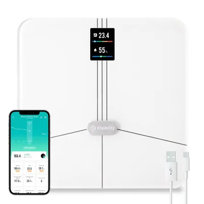 Etekcity HR Smart Fitness Scale White: Digital Glass BMI, Body Water, Bone Mass & Heart Rate Monitor