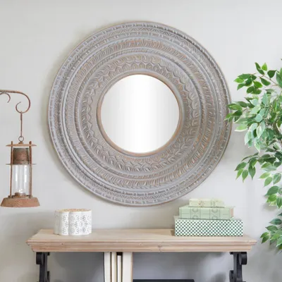 Wood Tribal Carved Wall Mirror Gray - The Novogratz