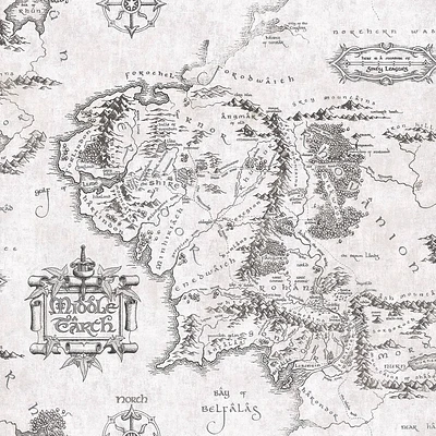 RoomMates Lord of the Rings Black and White Middle Earth Map Kids Peel and Stick Wallpaper