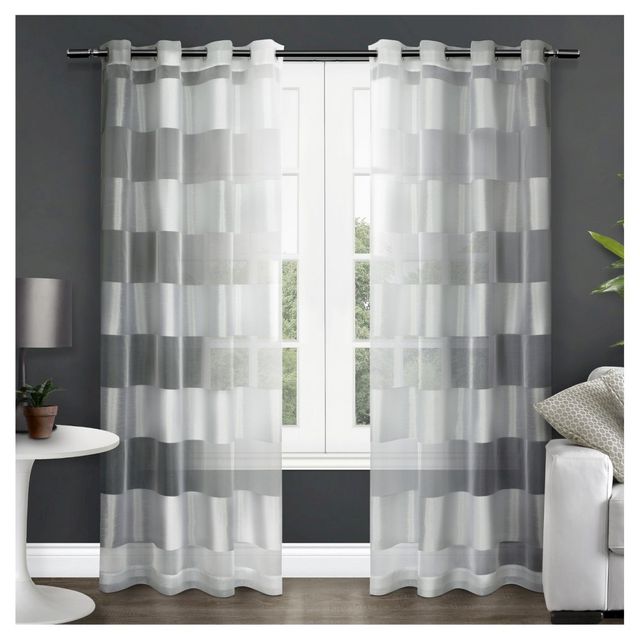 Set of 2 96x54 Navaro Striped Sheer Grommet Top Window Curtain Panels White - Exclusive Home: Burnout, Cabana Style, Matte Silver Grommets