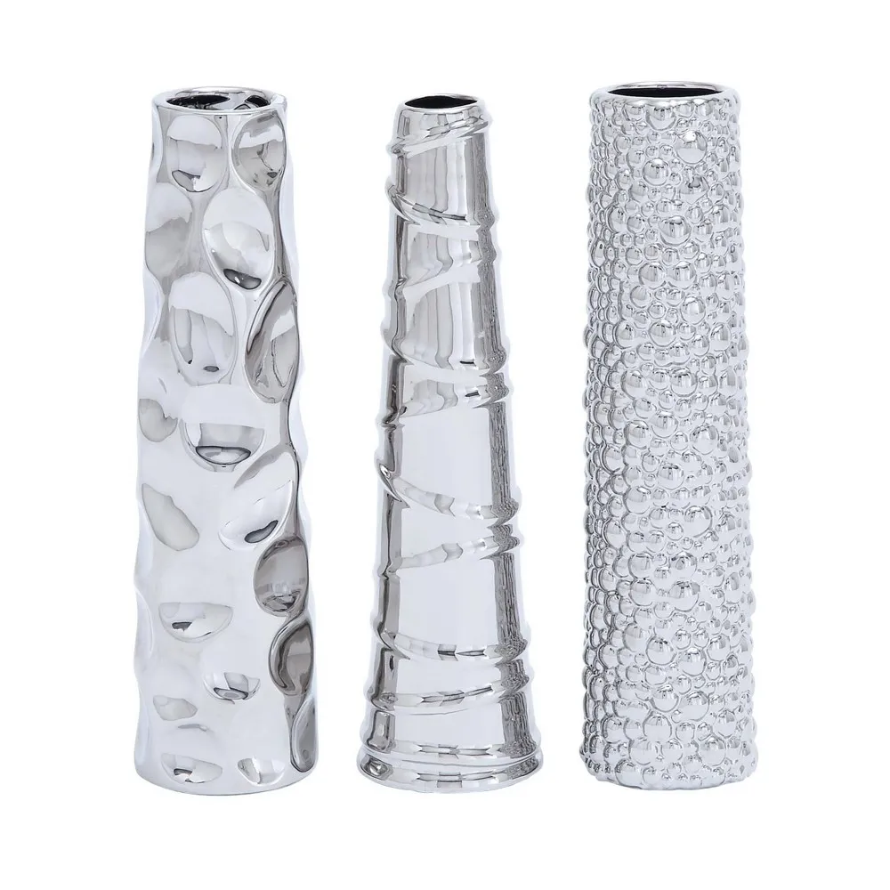 Olivia & May Set of 3 Ceramic Vase with Varying Patterns Silver: Glamorous Tabletop Amphora Vases, Spot Clean