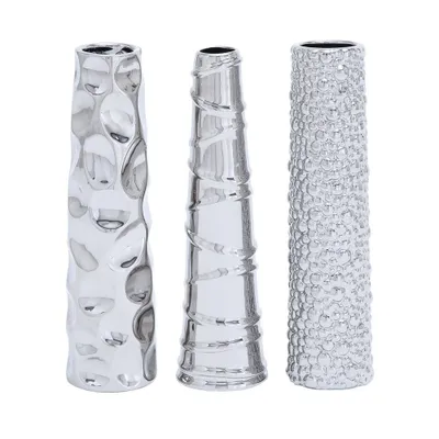 Olivia & May Set of 3 Ceramic Vase with Varying Patterns Silver: Glamorous Tabletop Amphora Vases, Spot Clean