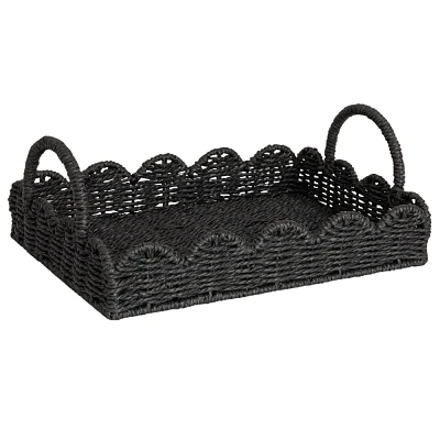 Household Essentials Handwoven Paper Rope Tray with Scalloped Edge Black