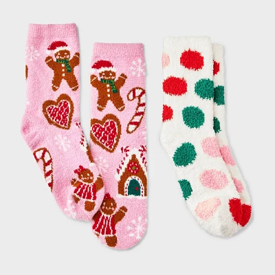 Kids 2pk Gingerbread Cookies Cozy Christmas Crew Socks with Gift Card Holder