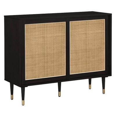 Allen Mid-Century Modern Buffet Black/Natural - Angelo:Home: Rattan Sliding Doors, Tapered Legs