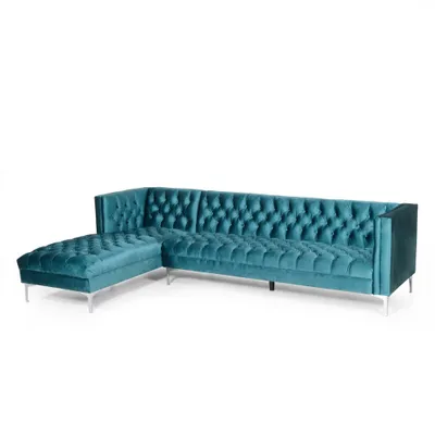 Tignall Contemporary Tufted Velvet Chaise Sectional Teal/Silver - Christopher Knight Home: Elegant Metal Legs & Diamond Stitching