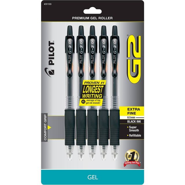 Pilot 5ct G2 Gel Pens Extra Fine Point 0.5mm Black Ink: Retractable Rubber Grip, Art & Stationery, Office Supplies