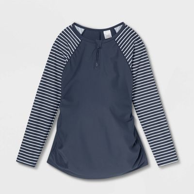 Long Sleeve Colorblock with Zip-Front Rash Guard Maternity Top - Isabel Maternity by Ingrid & Isabel Blue Striped