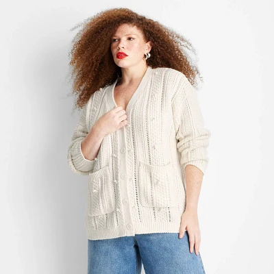 Womens Holiday Embellished Relaxed Cardigan - Future Collective Cream