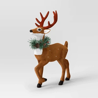 Flocked Standing Deer with Faux Greenery Christmas Animal Figurine - Wondershop Brown