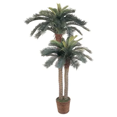 Nearly Natural Sago Palm Double Potted Silk Tree (6/4): Indoor Decorative Faux Palm, 80 Leaves, Wicker Basket