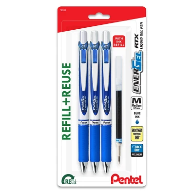 Pentel EnerGel 3pk Gel Pen Blue Ink with +1 refill: Quick Drying, Retractable, 0.7mm, Art & Stationery, Office Supplies