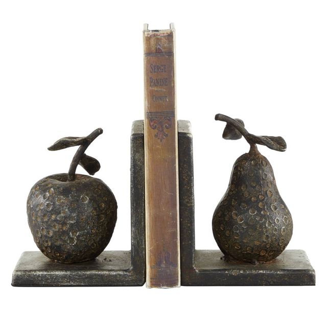 5 x 4.5 Set of 2 Metal Pear and Apple Sculpture Fruit Bookends Gray - Olivia & May